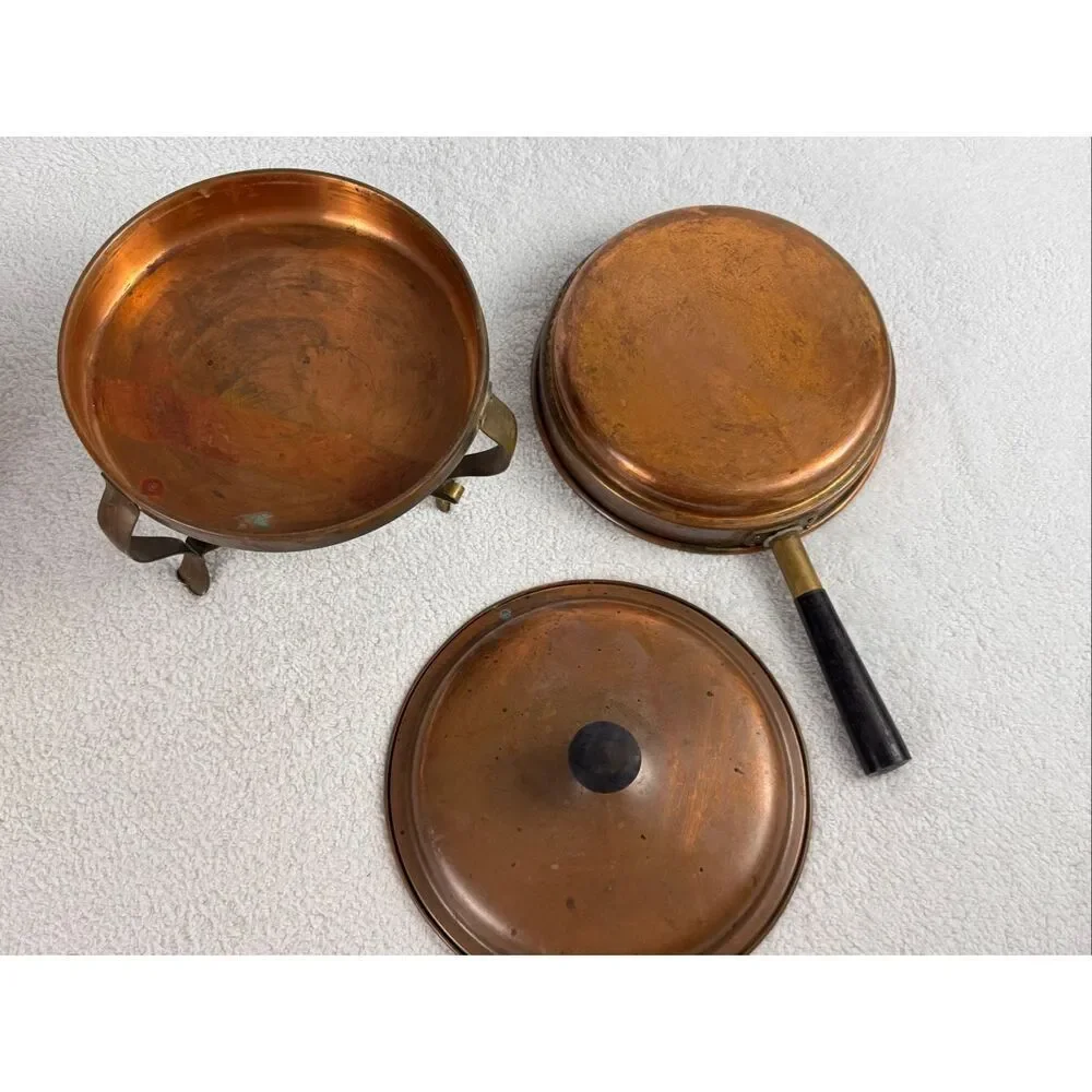 Vintage Copper and Brass Chafing Dish - Metal Stand/Wooden Handle